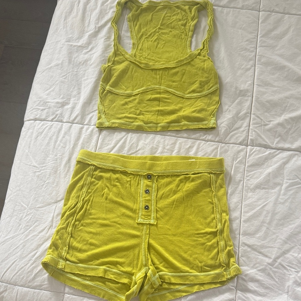 Urban Outfitters Neon Yellow Ribbed Tank & Shorts Set